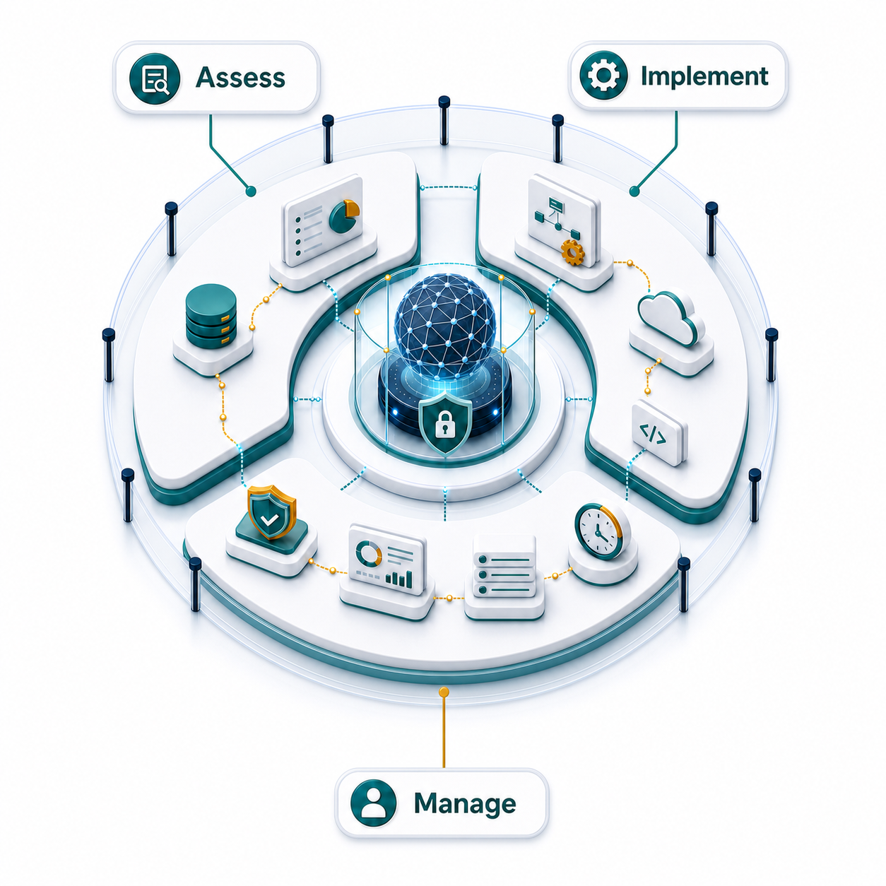 DCS delivery model showing Assess, Implement, and Manage around a secure data and AI control core.